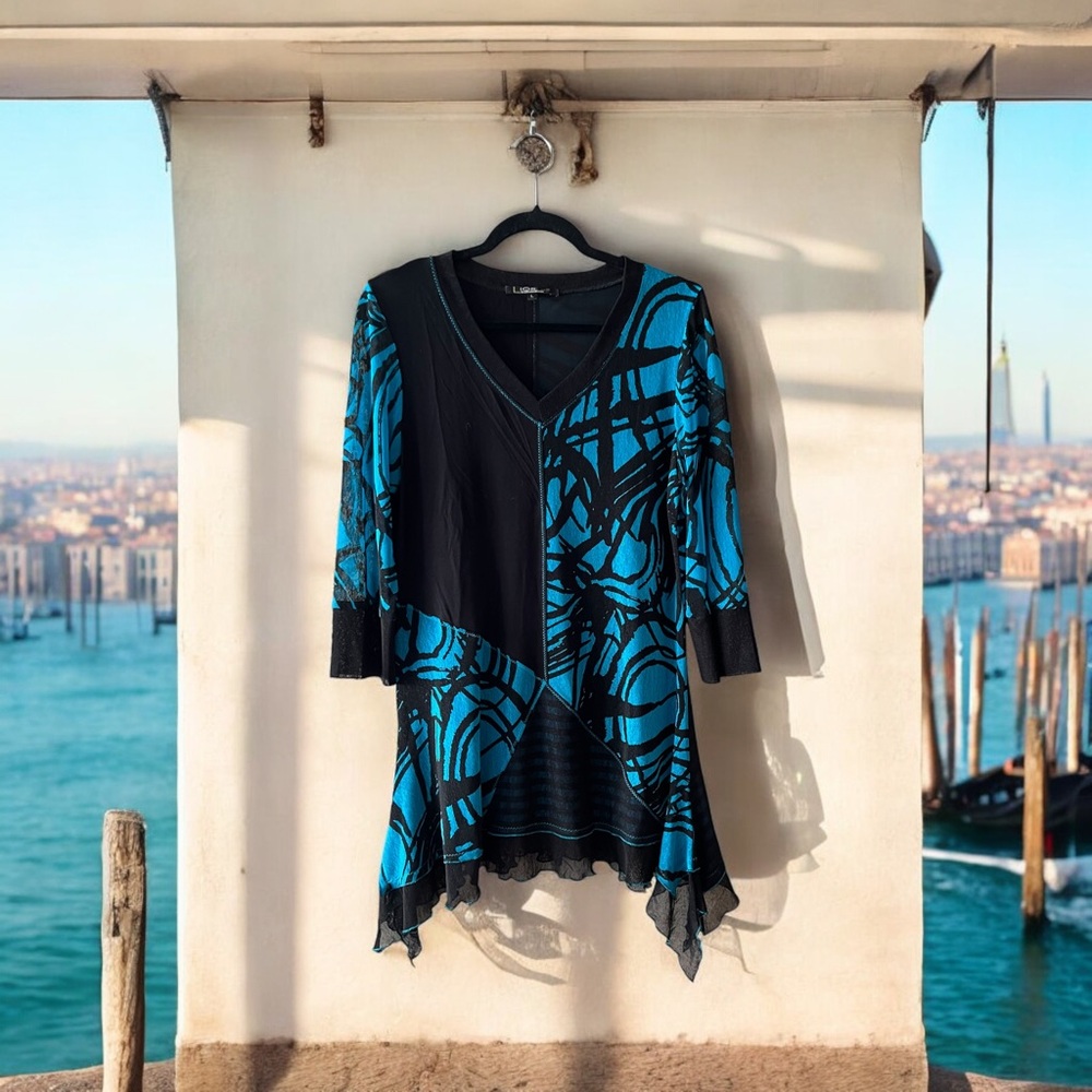 Lior Paris Blue & Black Tunic Top with Asymmetric Hemline